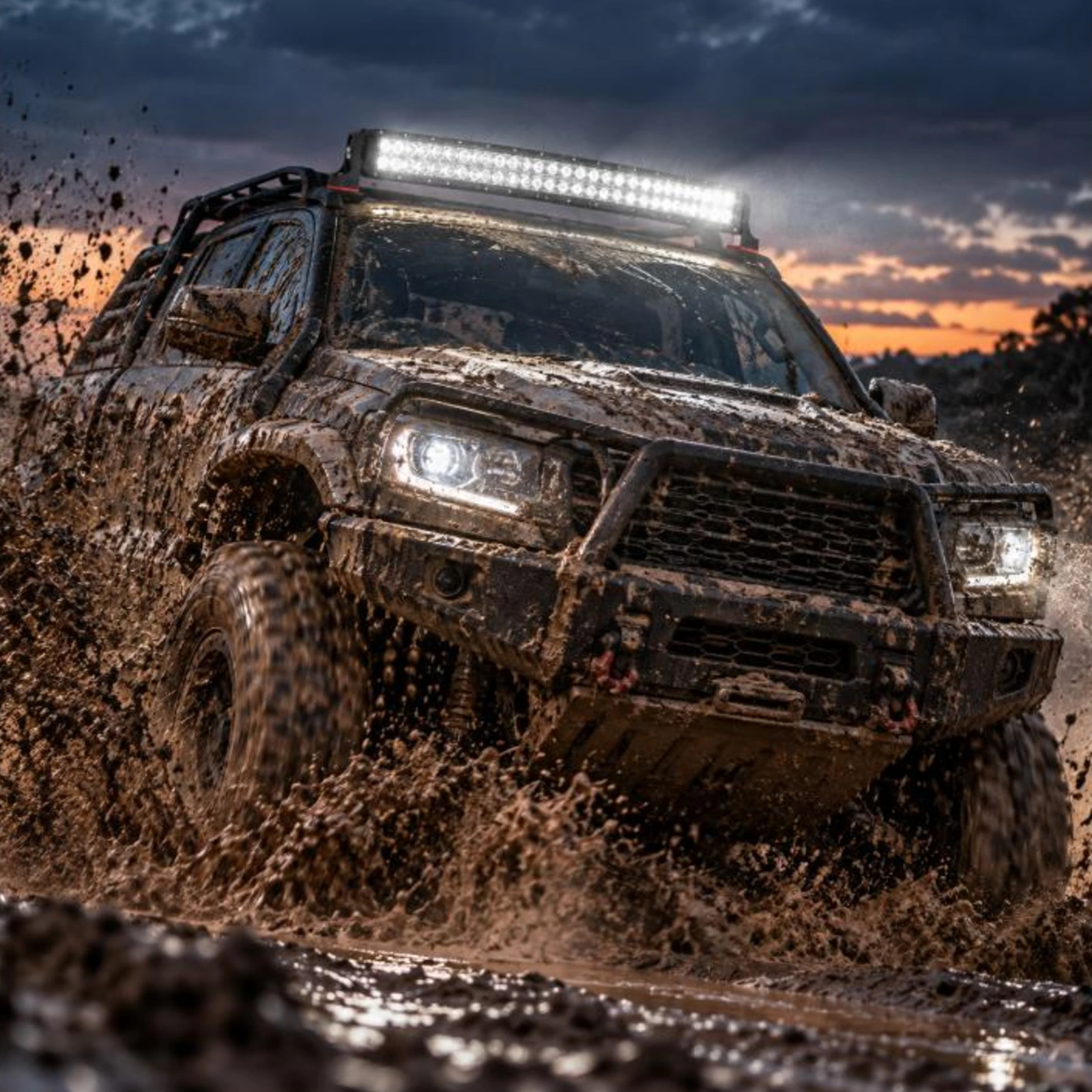 Roadvision DCX2 curved dual row LED light bar on the roof rack of a 4x4 ute driving through mud