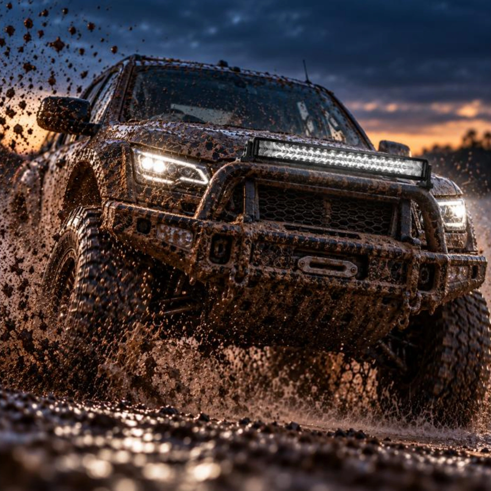 Roadvision Stealth S70 single row LED light bar mounted on the bull bar of a 4x4 driving through mud