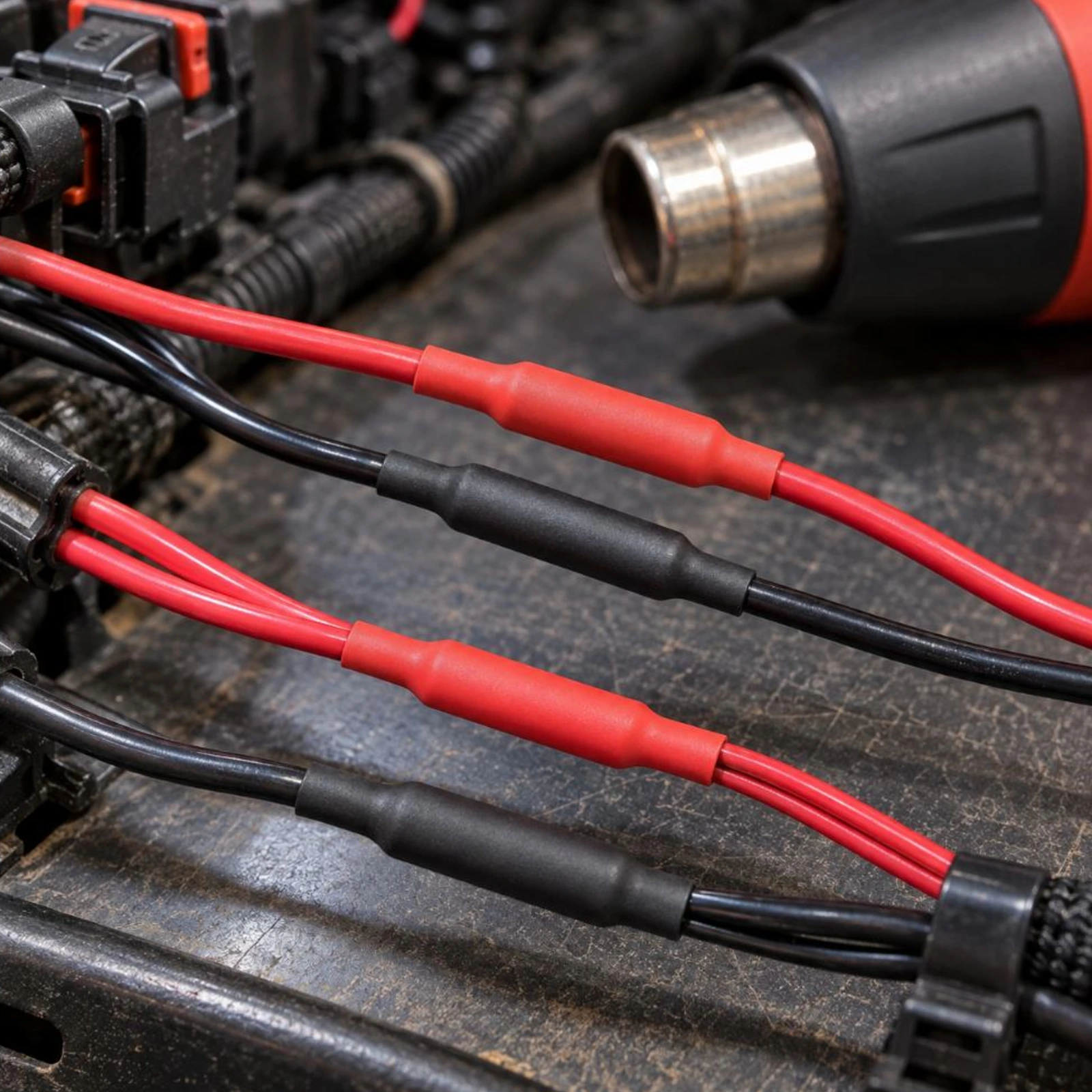 Red and black single wall heat shrink insulating wire joins with a heat gun