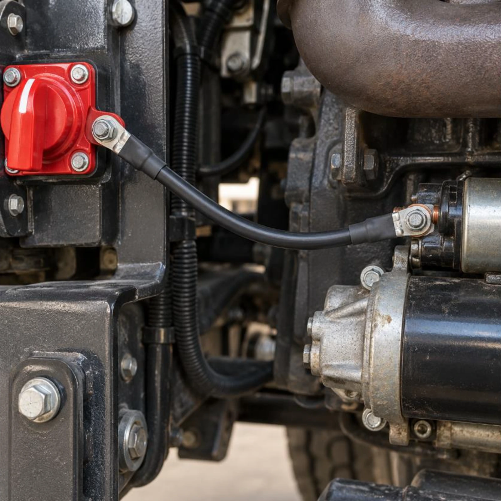 Pre-made starter switch cable linking a battery isolator switch to the starter solenoid